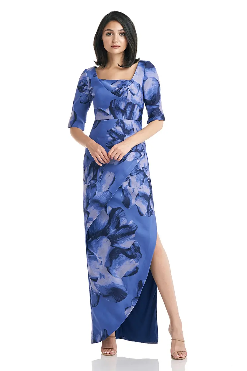 Octavia Asymmetric Floral Jacquard Evening Gown