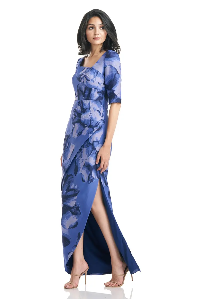 Octavia Asymmetric Floral Jacquard Evening Gown