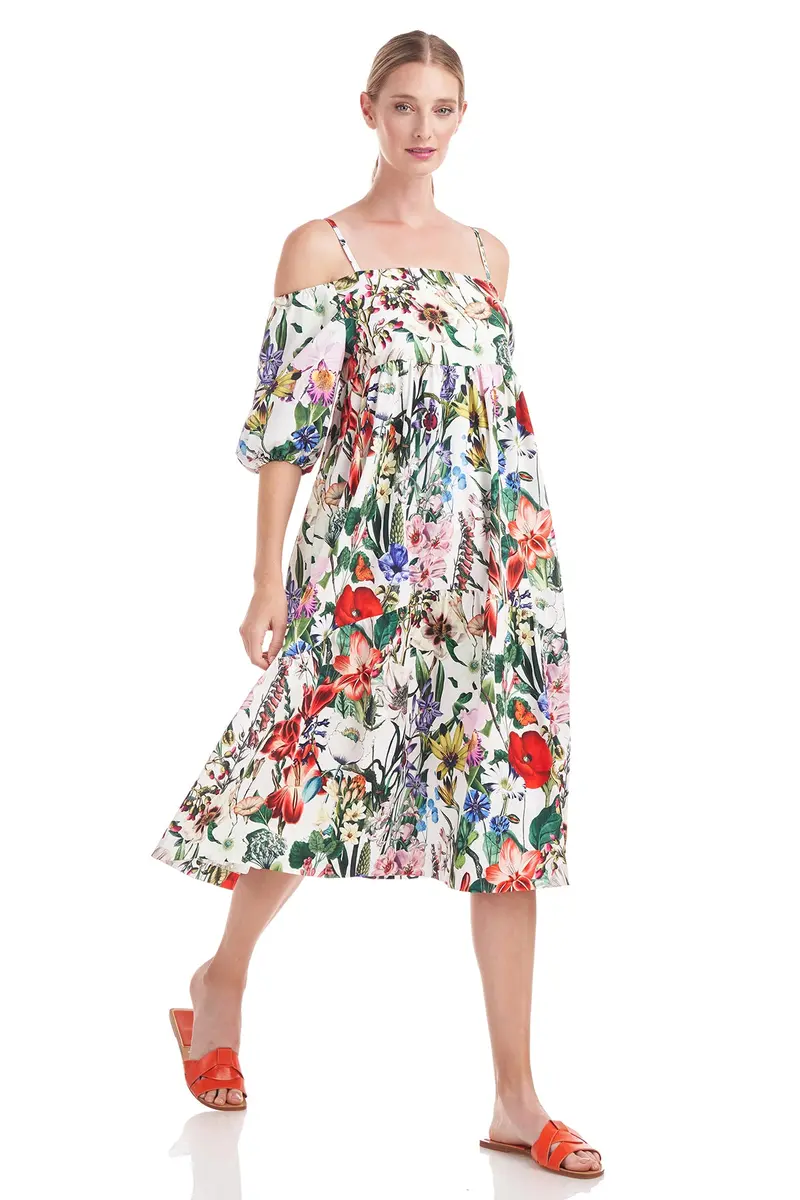 Off-Shoulder Boho Midi Dress with Elbow Sleeves and Garden Print