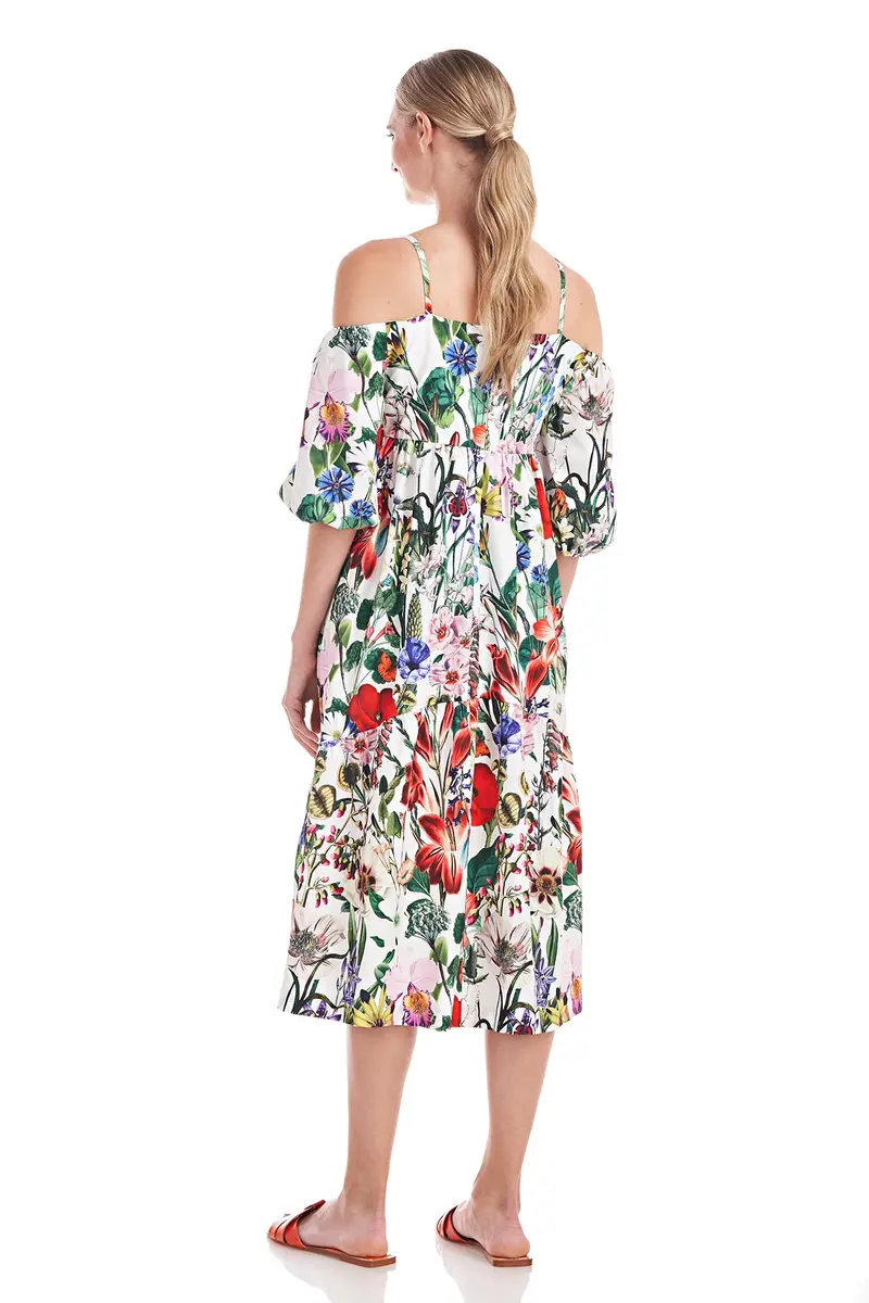 Off-Shoulder Boho Midi Dress with Elbow Sleeves and Garden Print 2