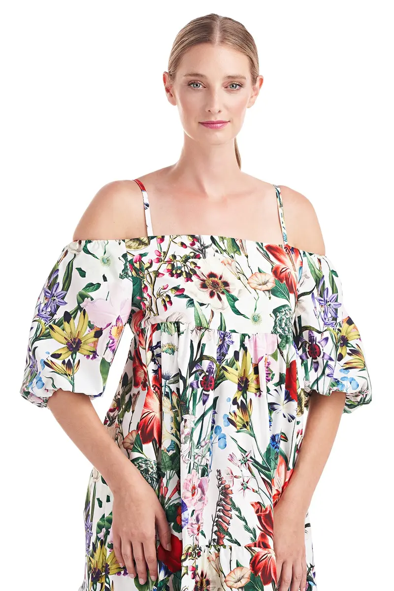 Off-Shoulder Boho Midi Dress with Elbow Sleeves and Garden Print