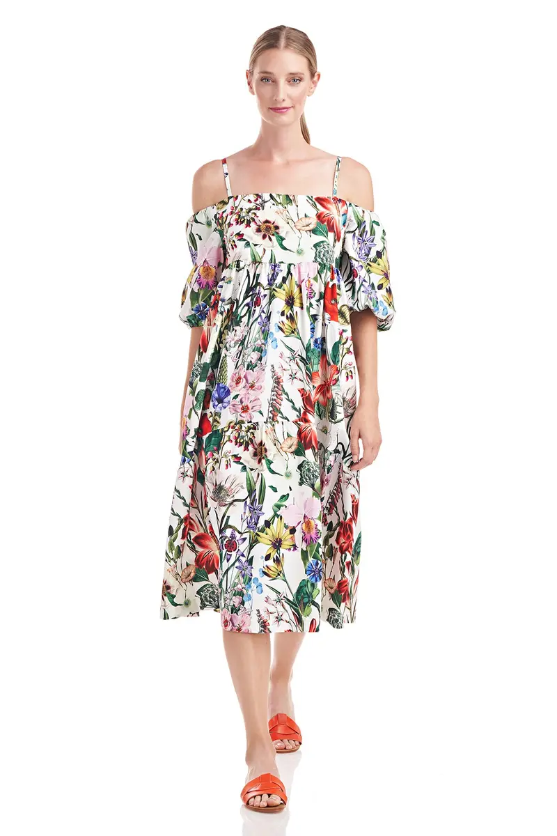 Off-Shoulder Boho Midi Dress with Elbow Sleeves and Garden Print