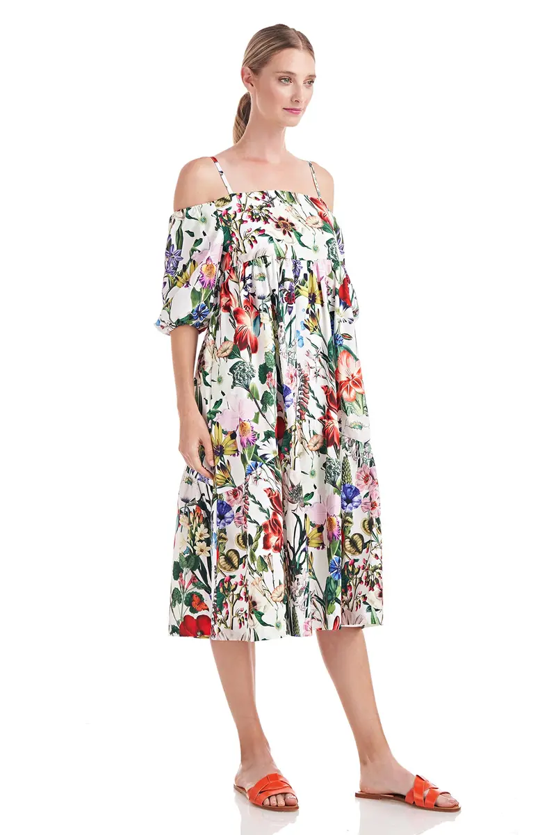 Off-Shoulder Boho Midi Dress with Elbow Sleeves and Garden Print