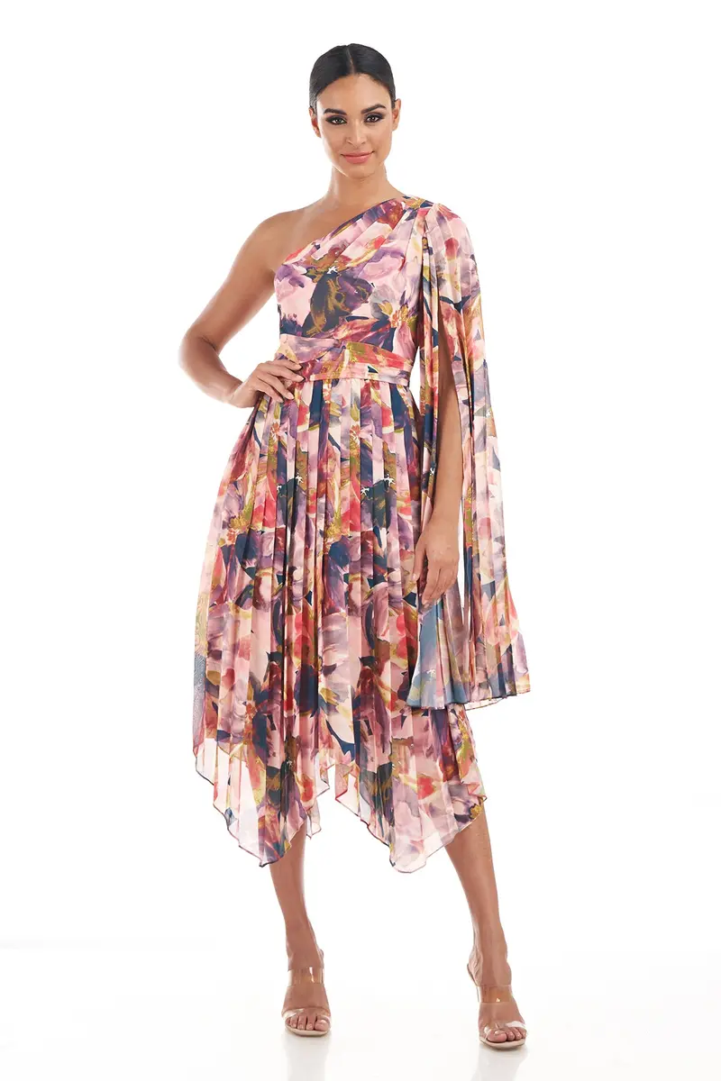 One-Shoulder Watercolor Chiffon Tea-Length Dress