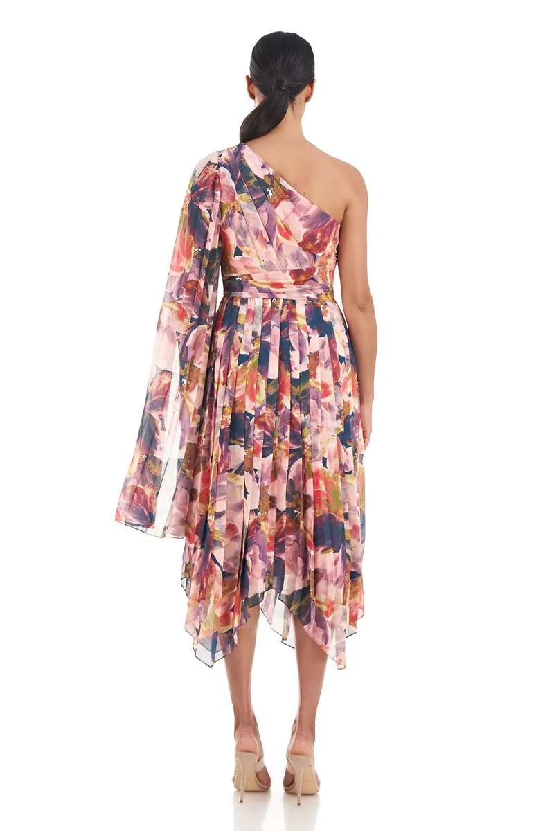 One-Shoulder Watercolor Chiffon Tea-Length Dress