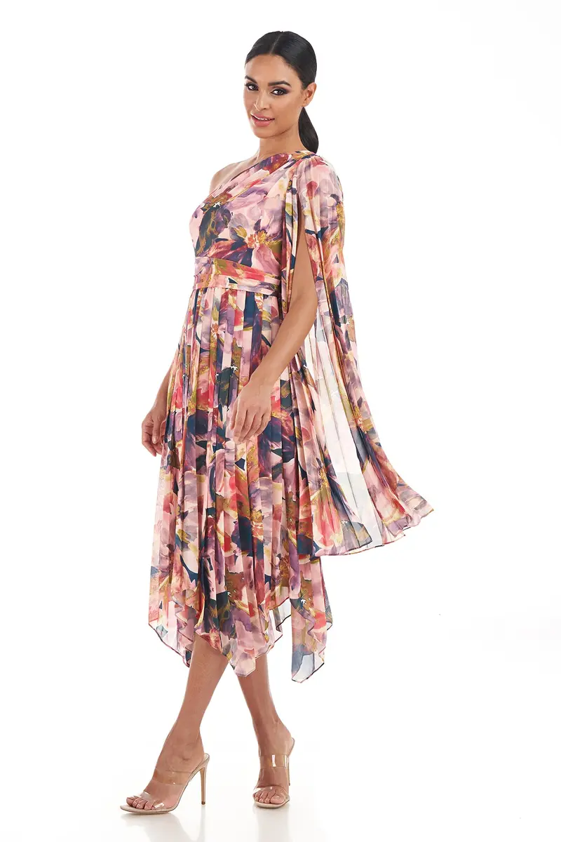 One-Shoulder Watercolor Chiffon Tea-Length Dress