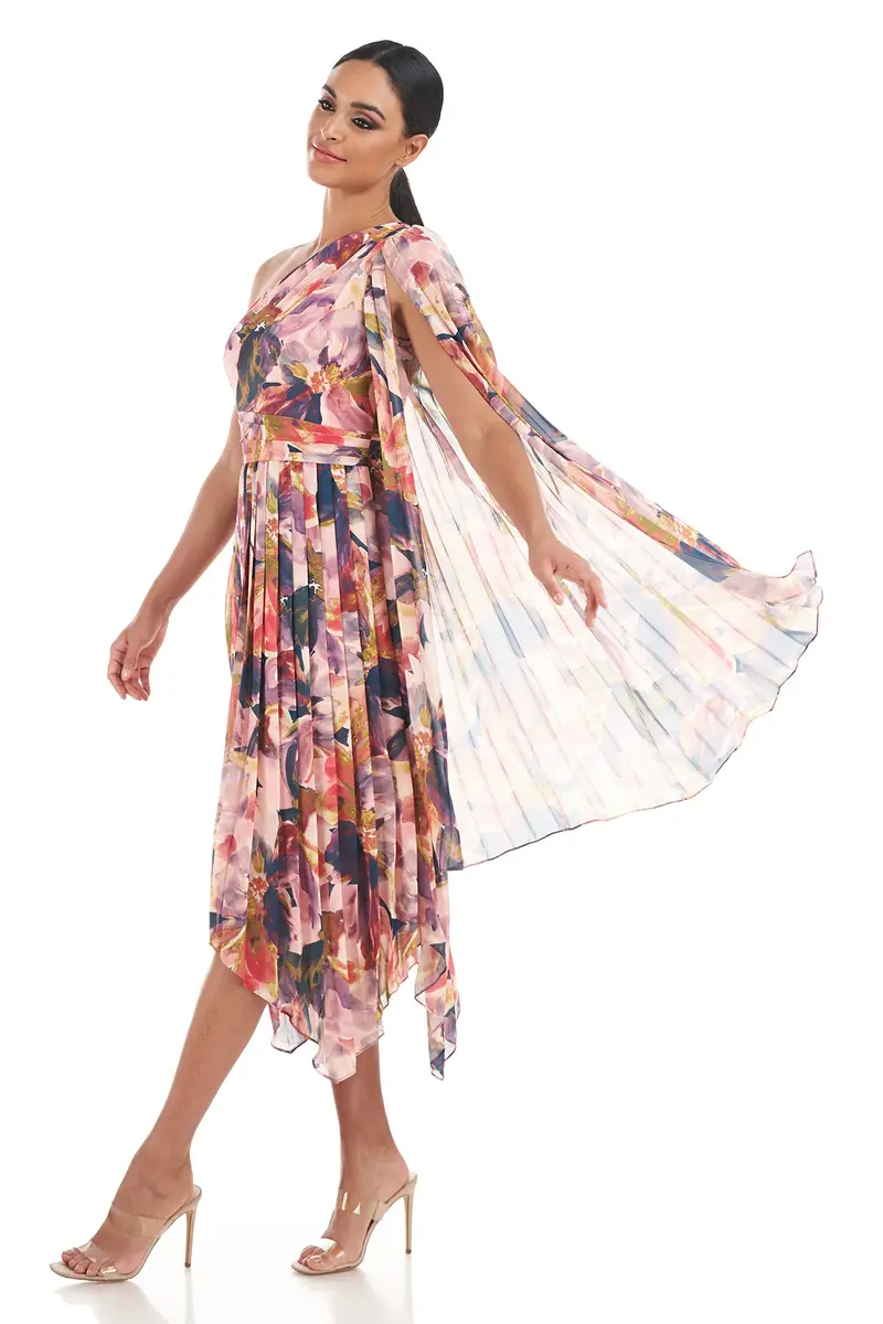 One-Shoulder Watercolor Chiffon Tea-Length Dress