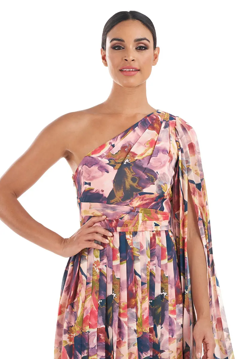 One-Shoulder Watercolor Chiffon Tea-Length Dress