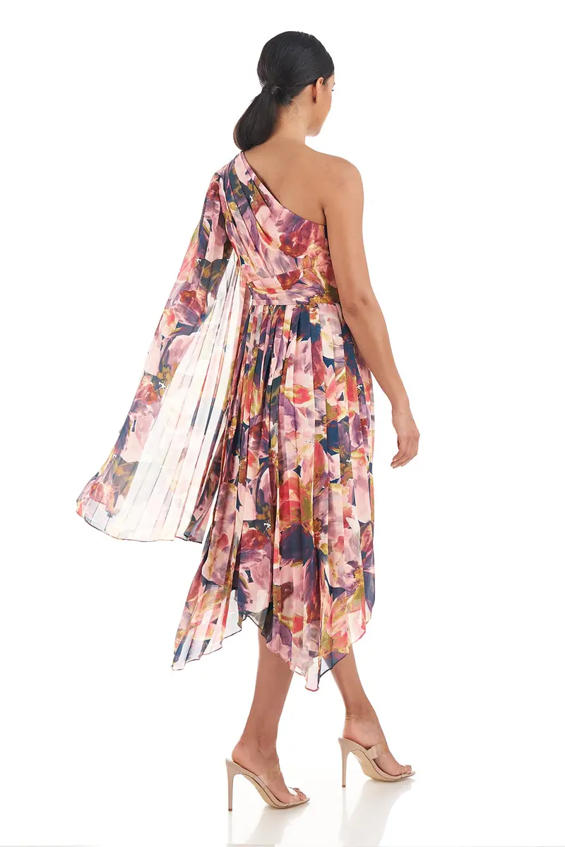 One-Shoulder Watercolor Chiffon Tea-Length Dress