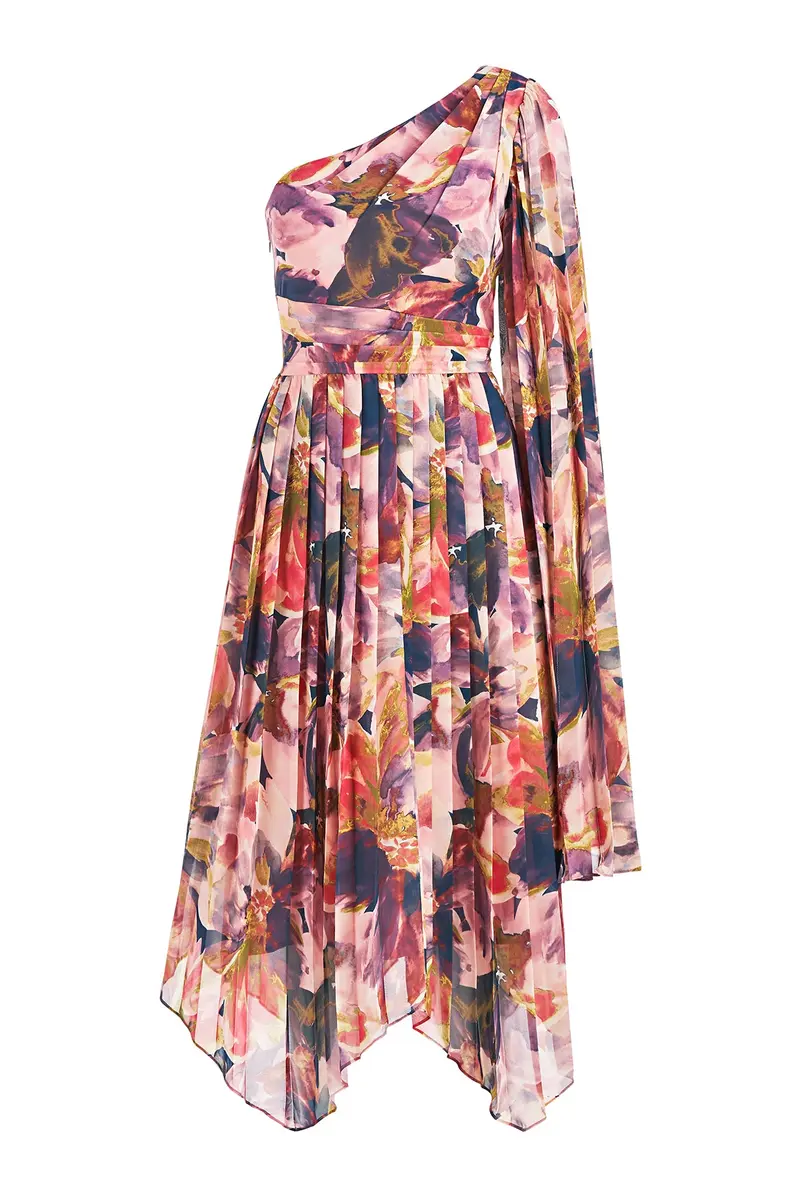 One-Shoulder Watercolor Chiffon Tea-Length Dress