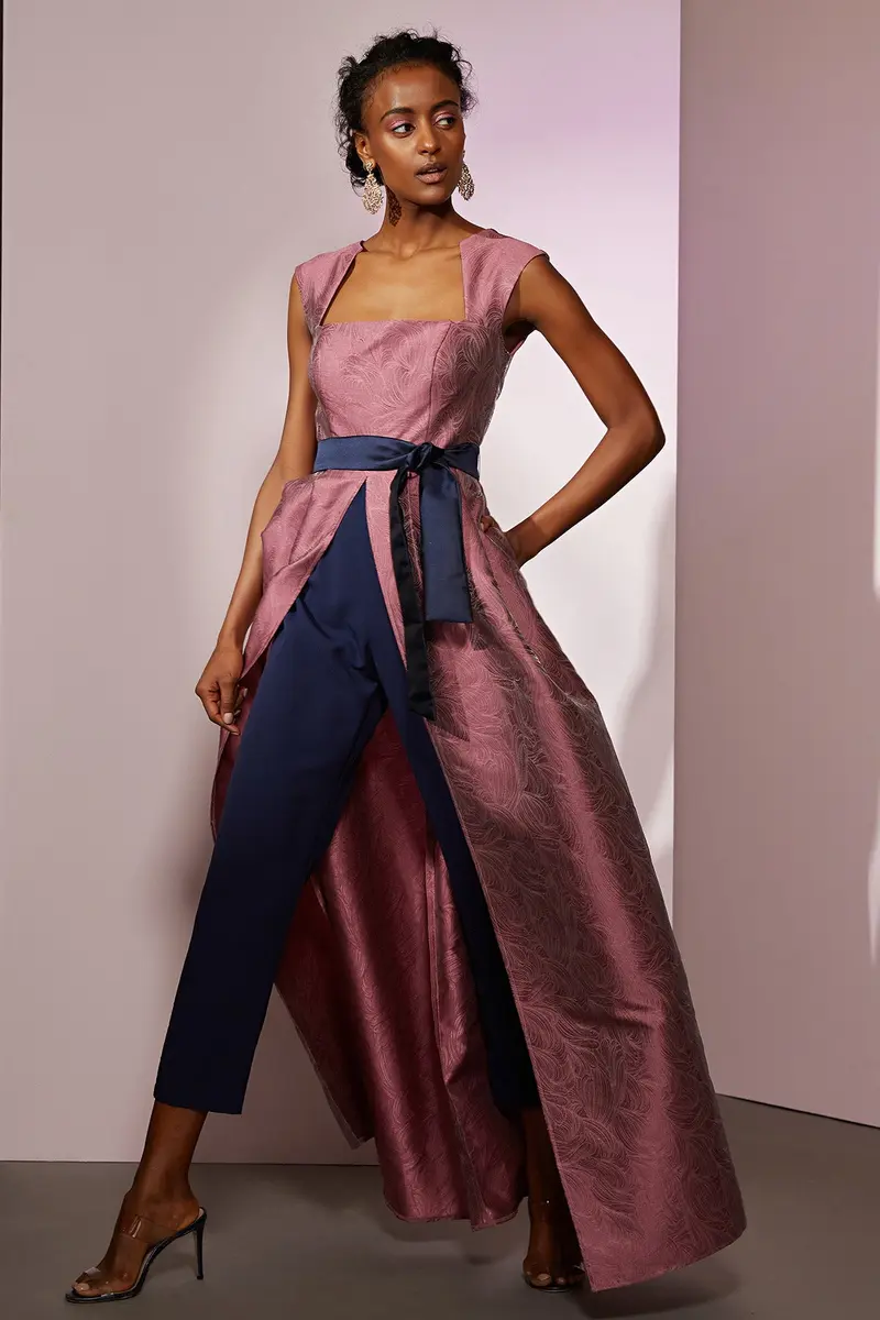 Paisley-Print Patricia Jumpsuit with Cap Sleeves and Contrast Belt