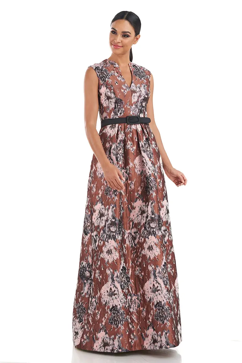 Paola Swan-V-Neck Jacquard Gown with Pleated Detailing