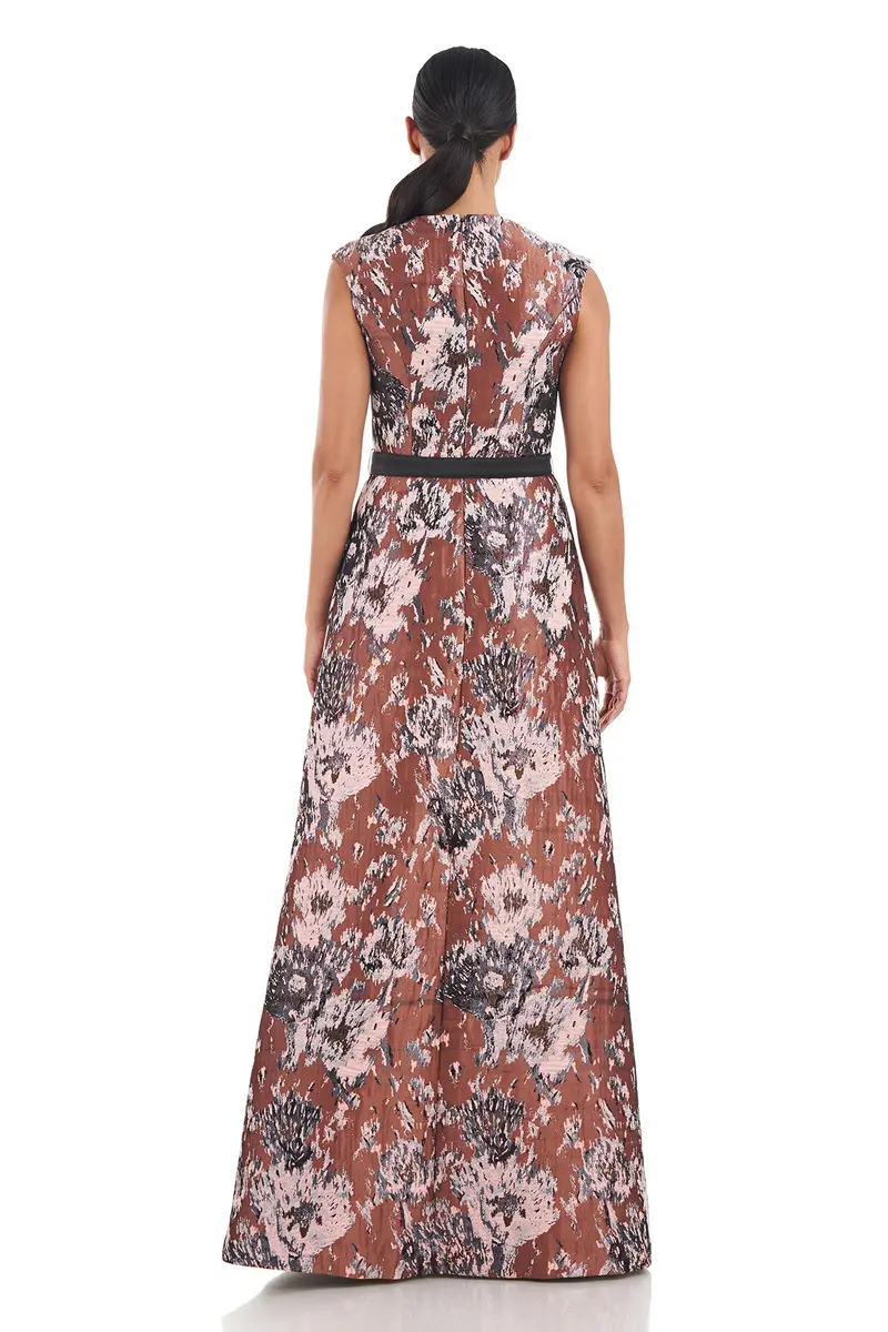 Paola Swan-V-Neck Jacquard Gown with Pleated Detailing