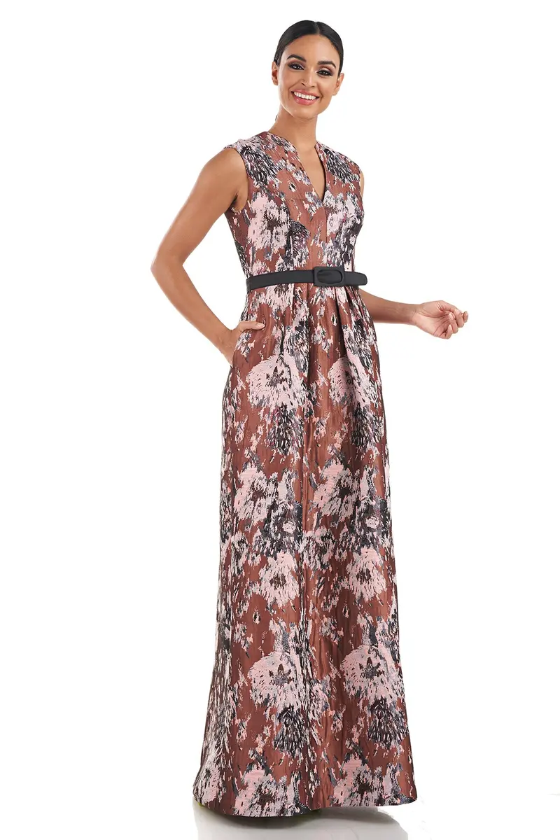 Paola Swan-V-Neck Jacquard Gown with Pleated Detailing