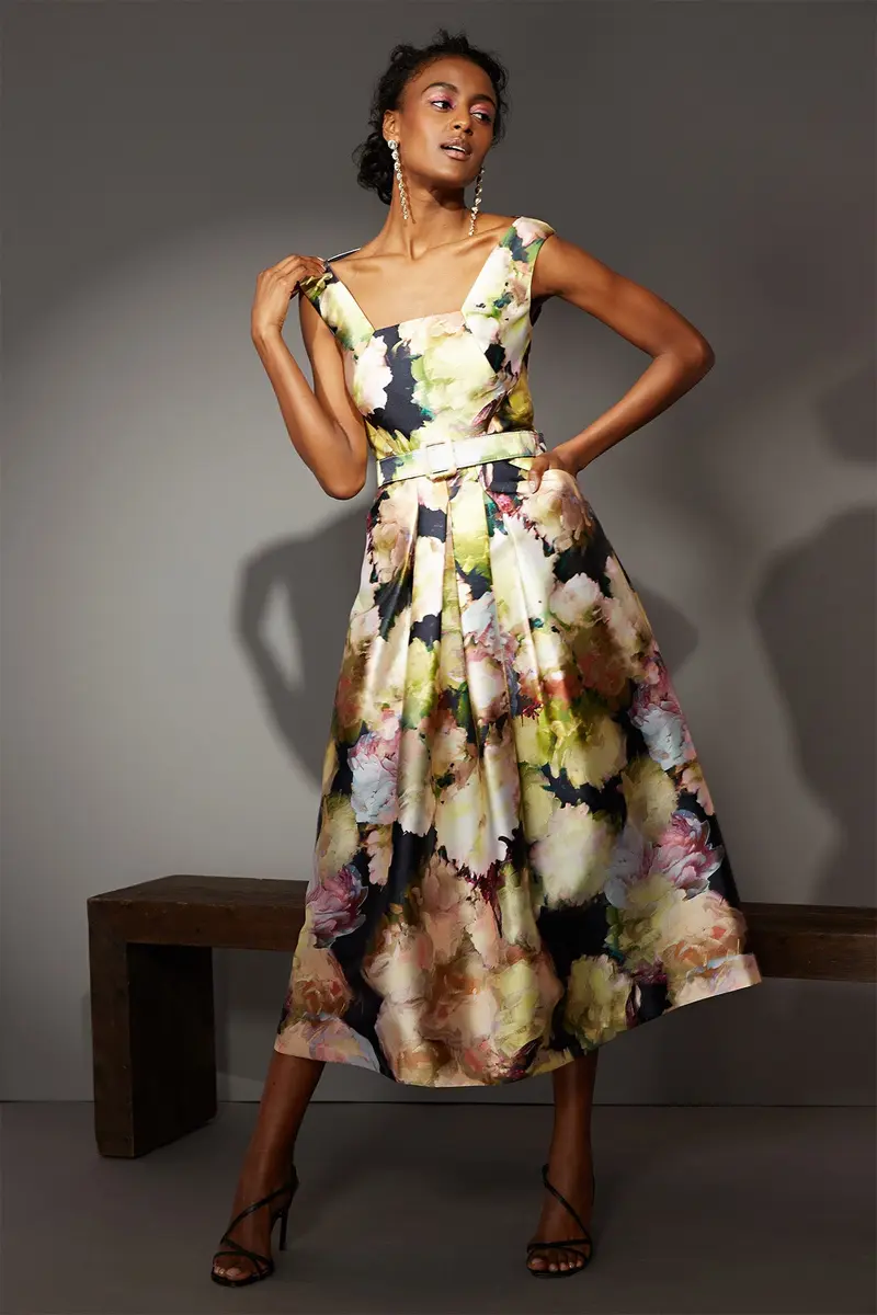Perry Acetate Taffeta Tea-Length A-Line Dress