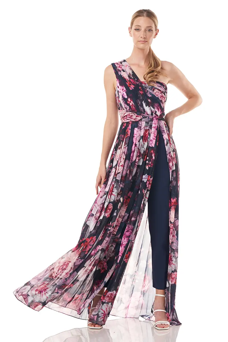 Printed Chiffon One-Shoulder Pleated Jumpsuit