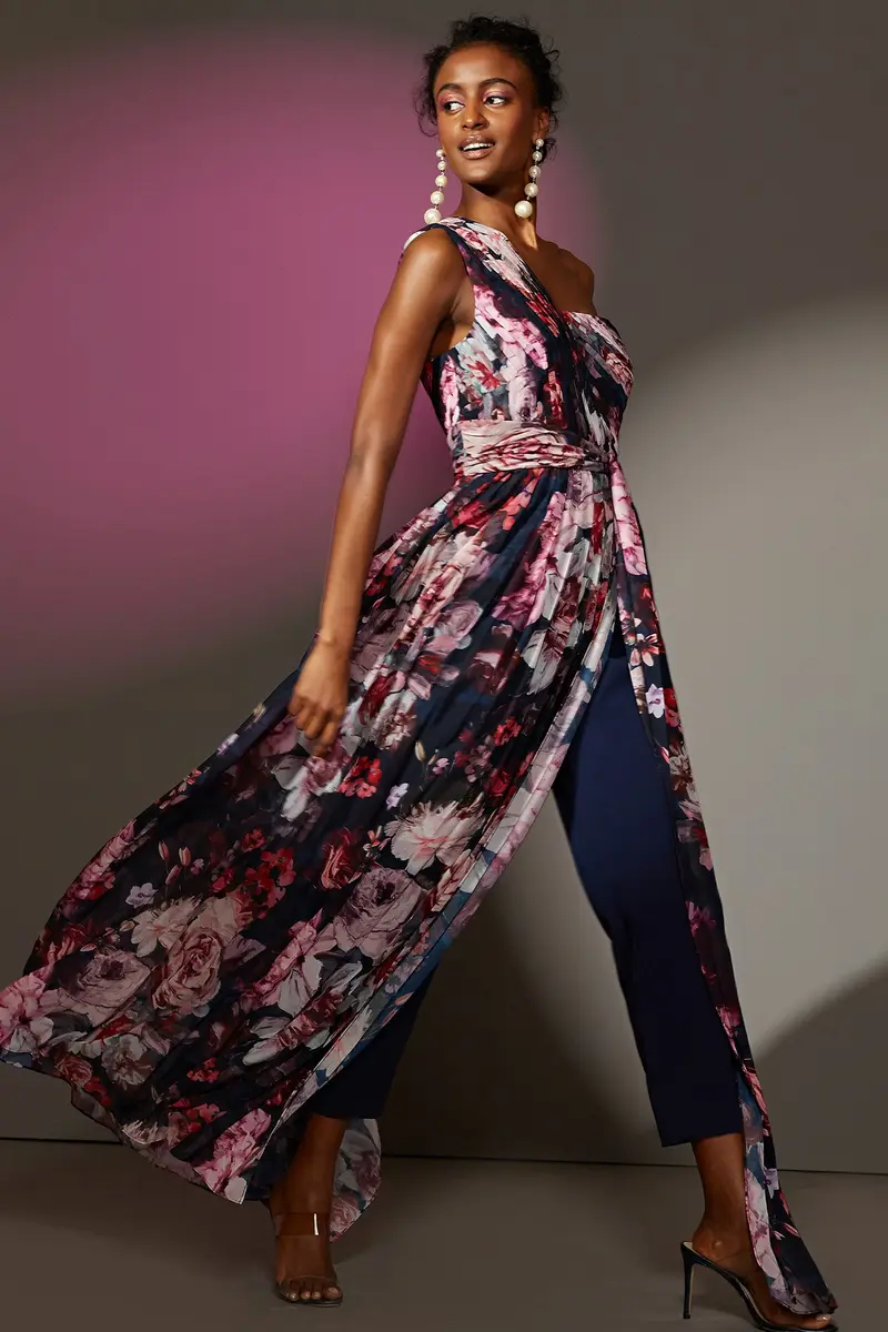 Printed Chiffon One-Shoulder Pleated Jumpsuit