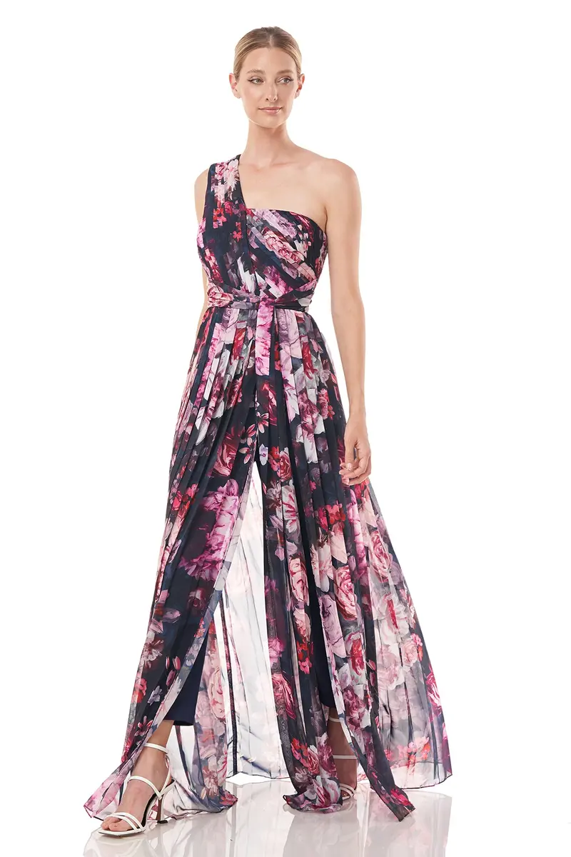 Printed Chiffon One-Shoulder Pleated Jumpsuit