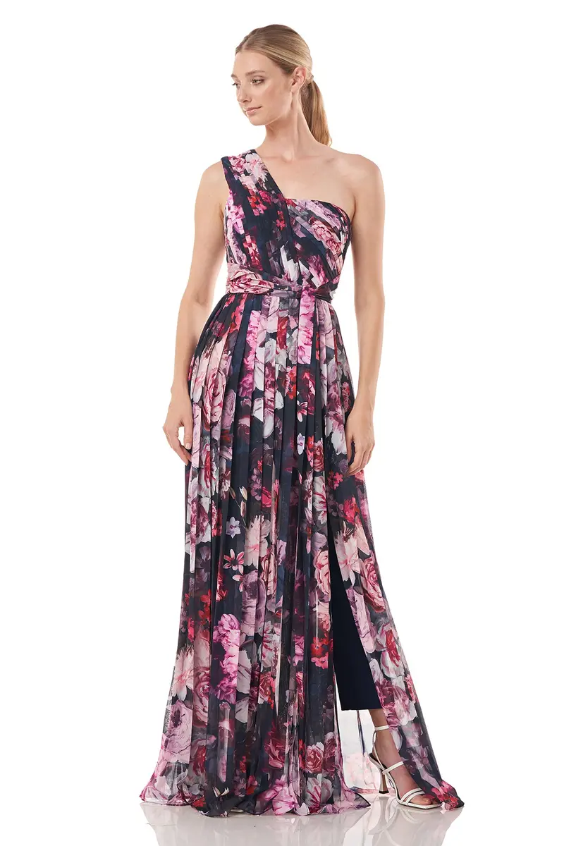 Printed Chiffon One-Shoulder Pleated Jumpsuit