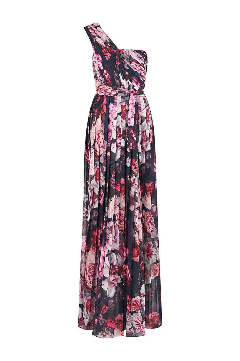 Printed Chiffon One-Shoulder Pleated Jumpsuit