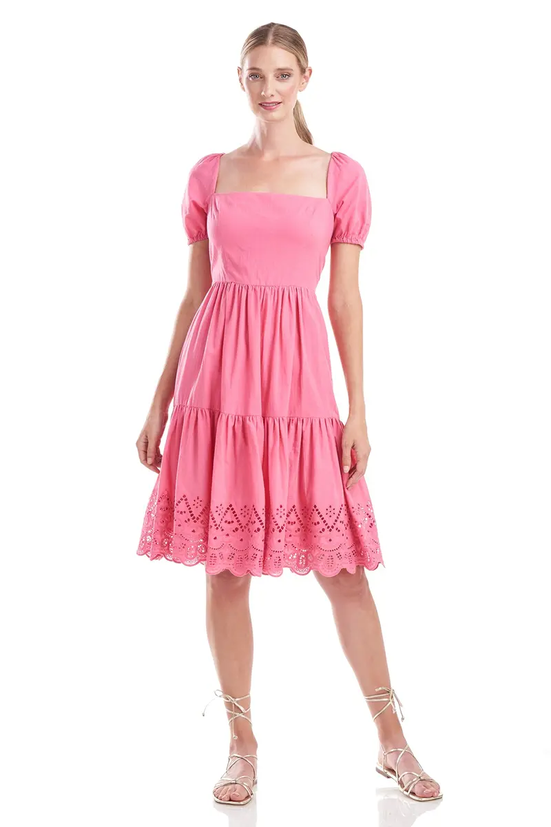 Puff-Sleeve Cotton Eyelet Dress with Square Neckline