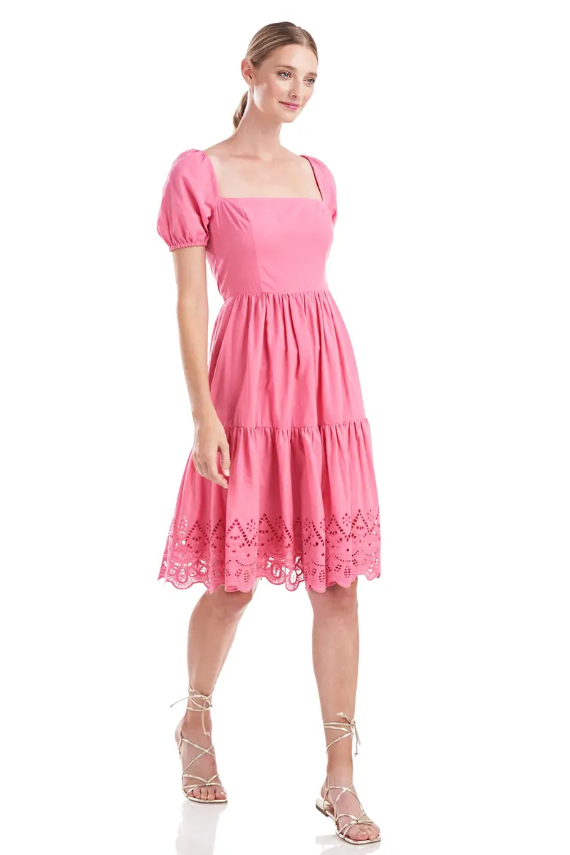 Puff-Sleeve Cotton Eyelet Dress with Square Neckline