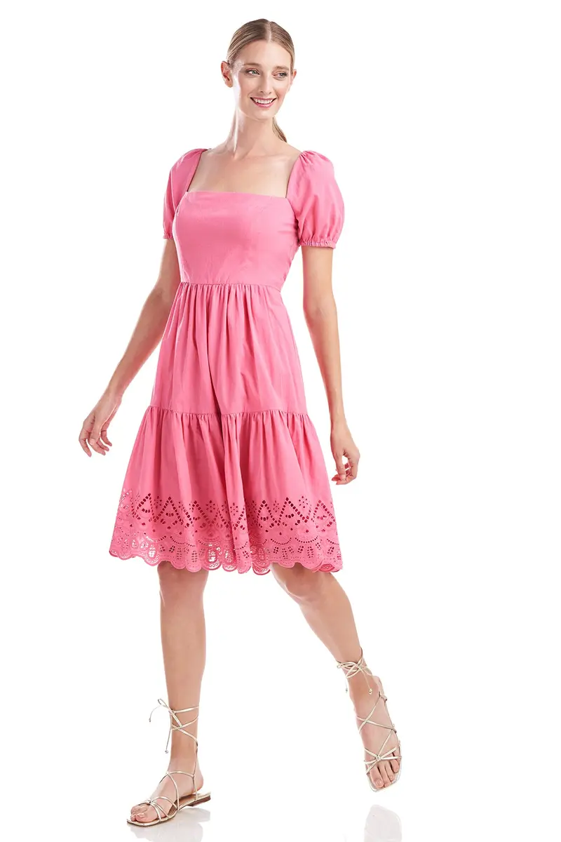 Puff-Sleeve Cotton Eyelet Dress with Square Neckline