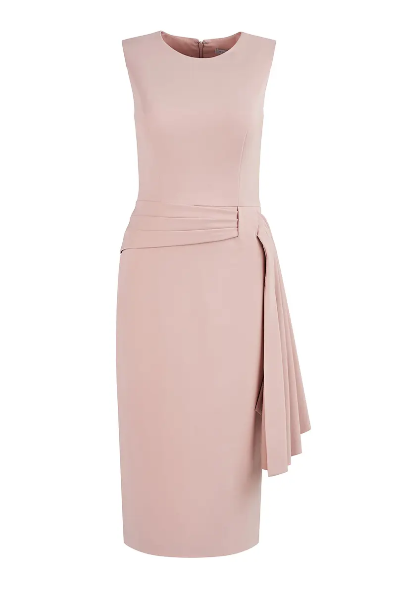 Raven Stretch Crepe Midi Dress with Pleated Sash