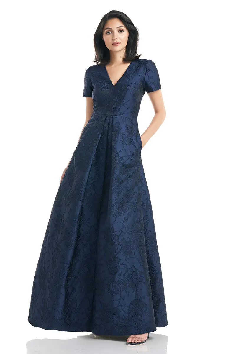 Rochelle V-Neck Textured Jacquard Flared Evening Gown