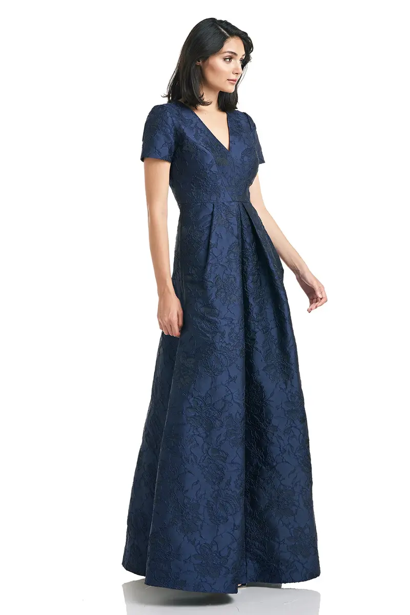 Rochelle V-Neck Textured Jacquard Flared Evening Gown
