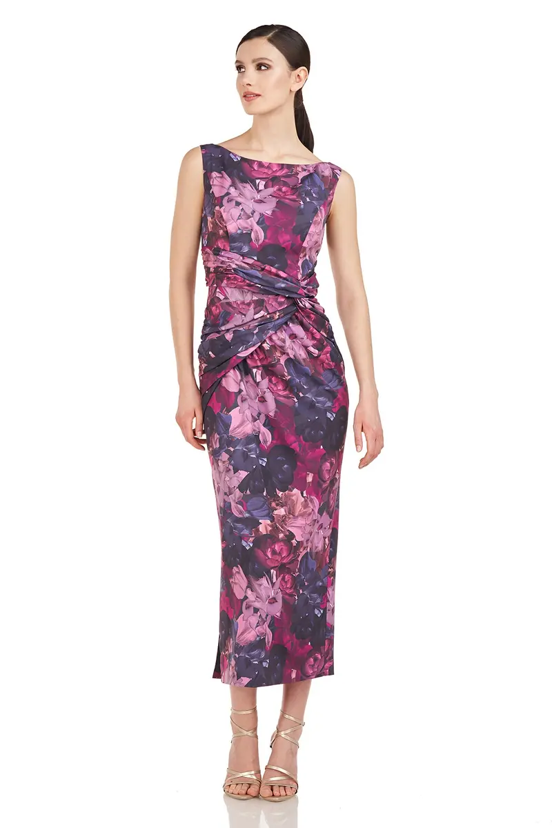 Sabina Twist-Detail Bateau Neck Tea-Length Dress
