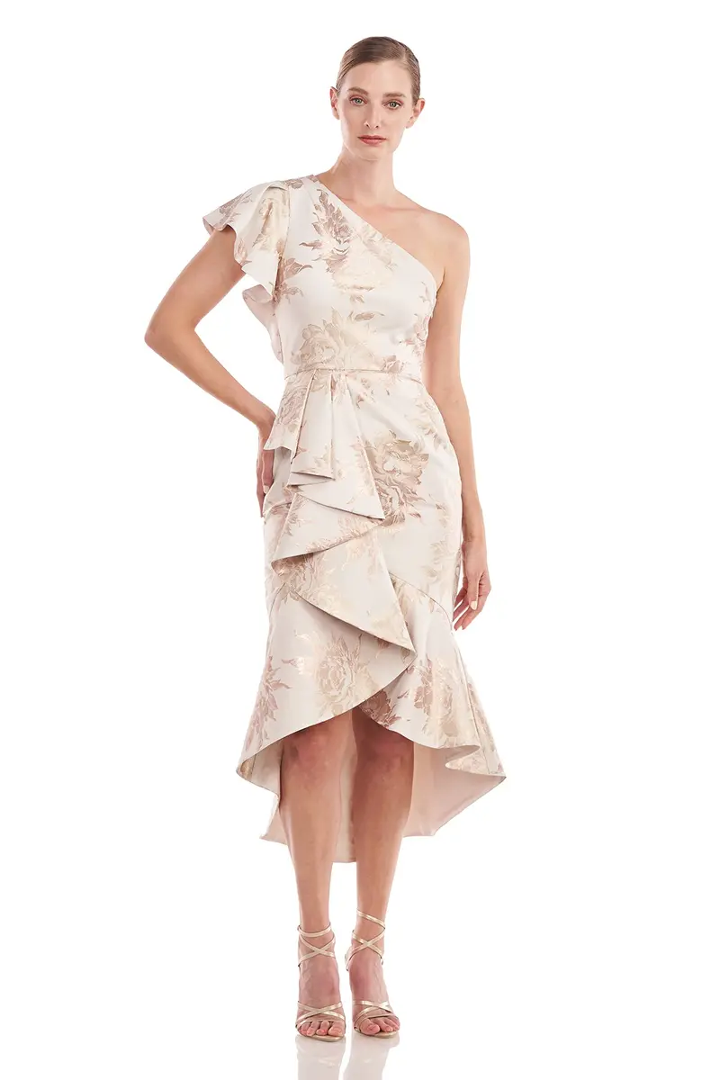 Samara Metallic Rose Jacquard Asymmetric Midi Dress