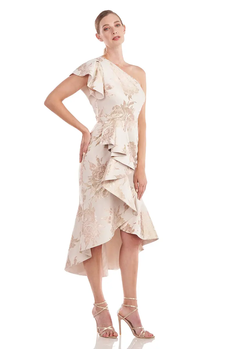 Samara Metallic Rose Jacquard Asymmetric Midi Dress