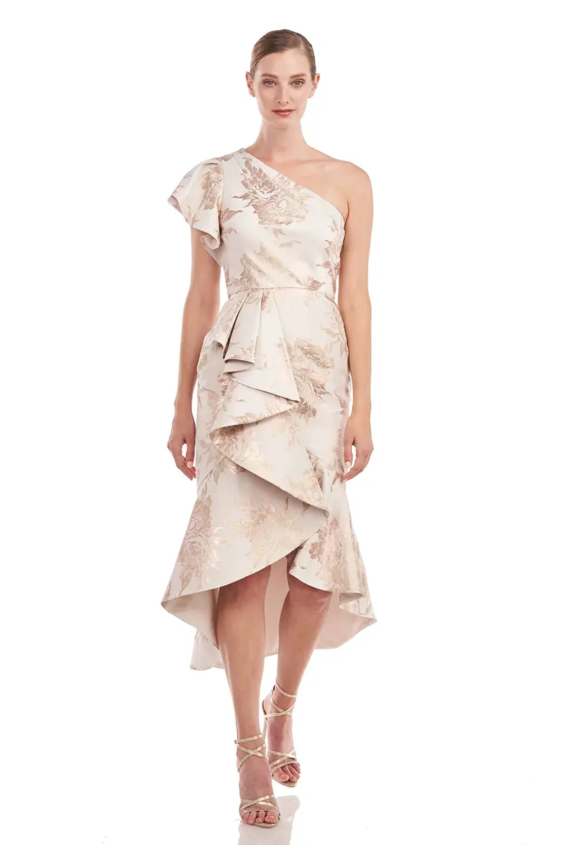 Samara Metallic Rose Jacquard Asymmetric Midi Dress
