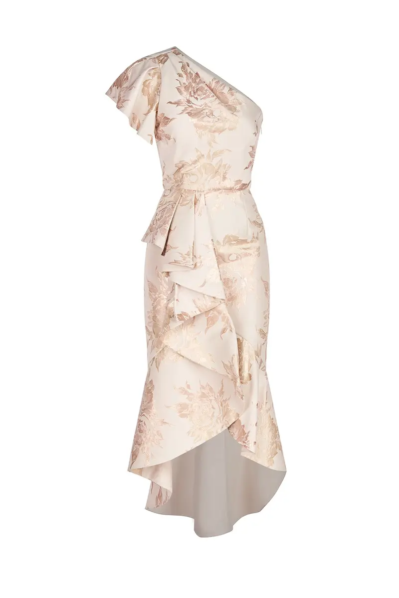 Samara Metallic Rose Jacquard Asymmetric Midi Dress