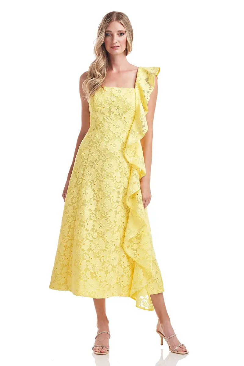 Sammy Square-Neck Floral Lace Fit-and-Flare Tea-Length Dress