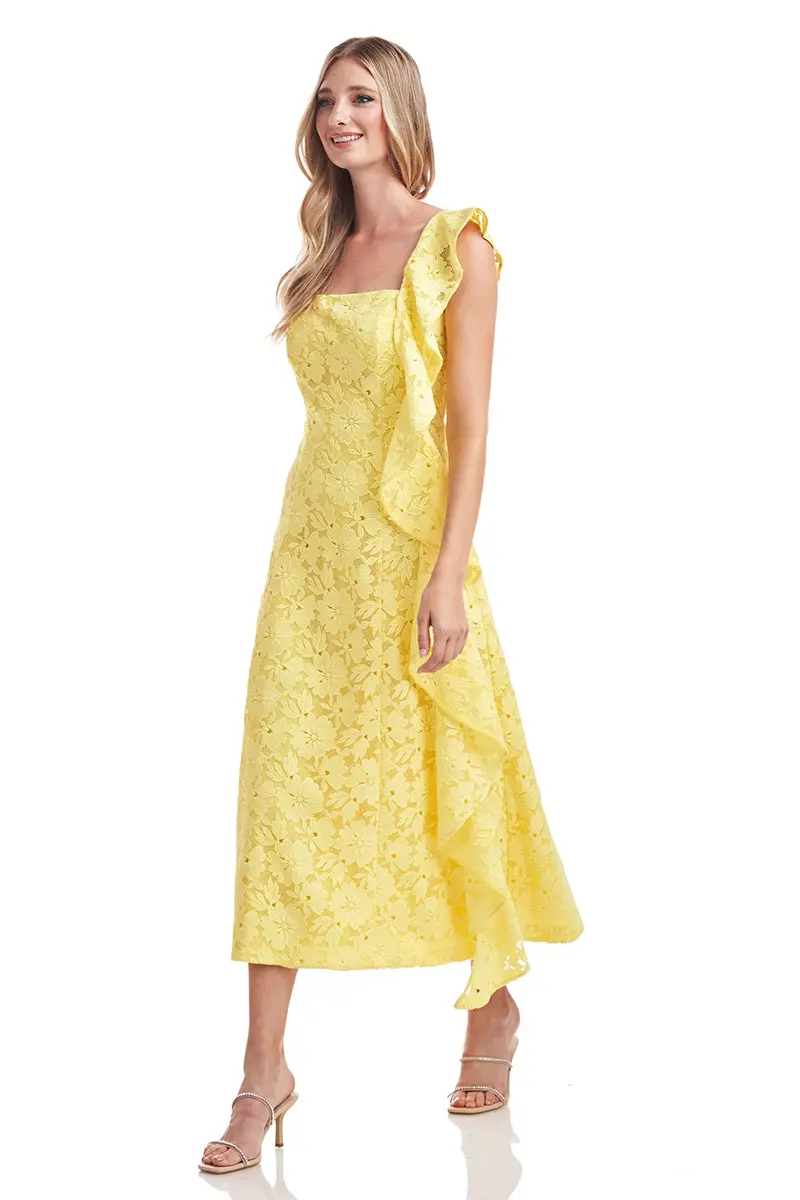 Sammy Square-Neck Floral Lace Fit-and-Flare Tea-Length Dress