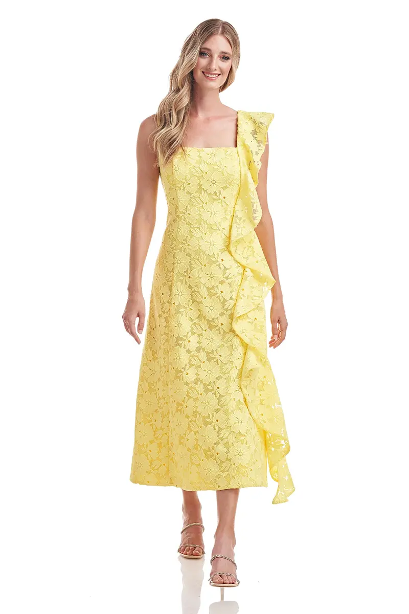 Sammy Square-Neck Floral Lace Fit-and-Flare Tea-Length Dress