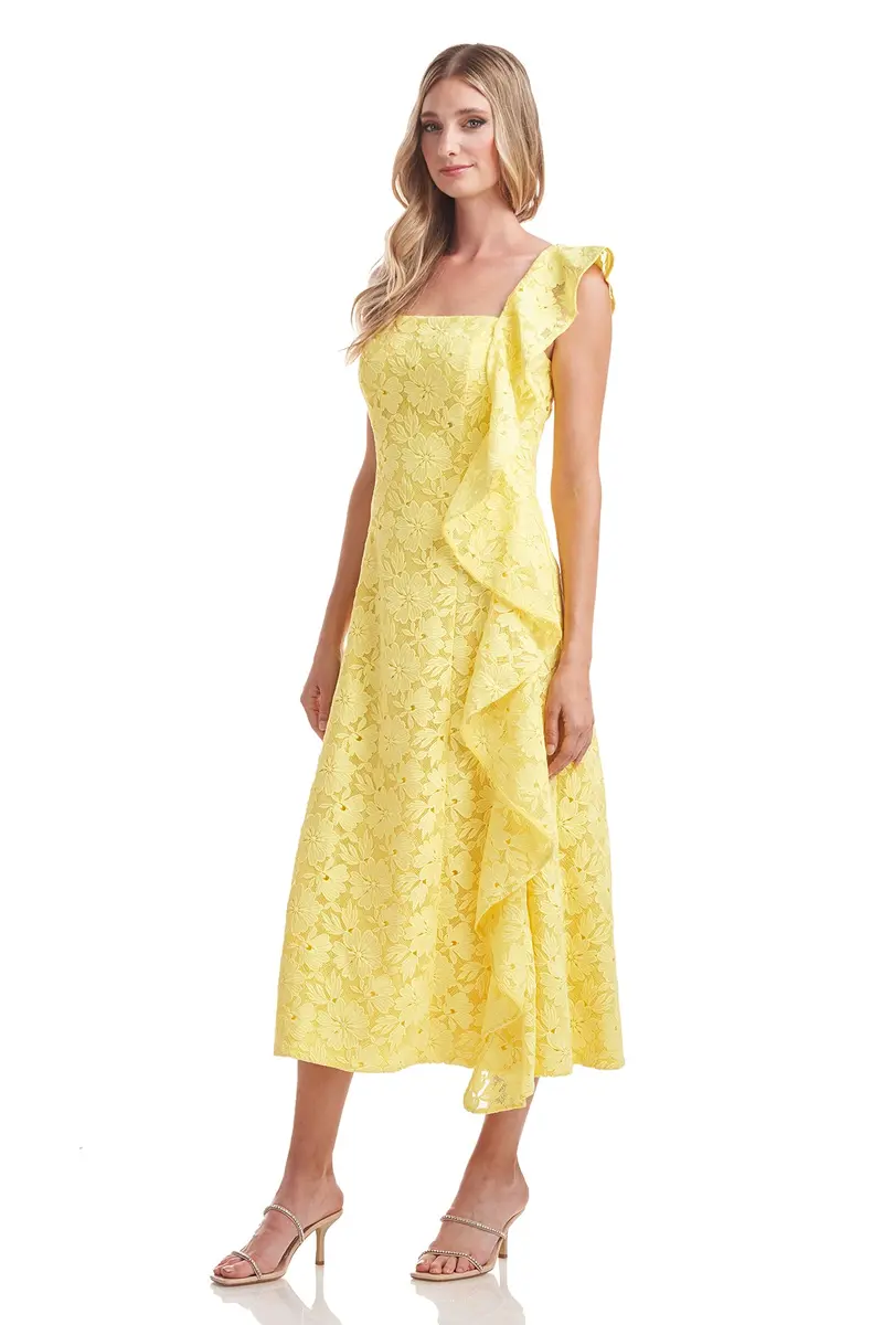 Sammy Square-Neck Floral Lace Fit-and-Flare Tea-Length Dress