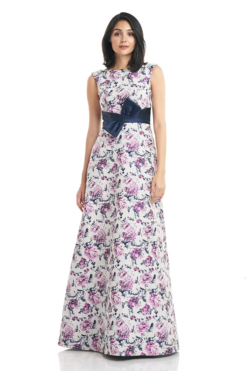 Selena Waist-Bow Flared Evening Gown