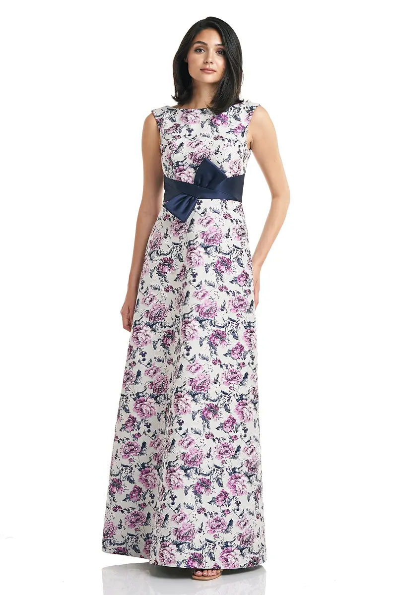 Selena Waist-Bow Flared Evening Gown