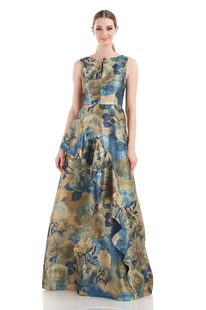 Selene Bateau-Neck Medici Floral Gown with Flared Skirt