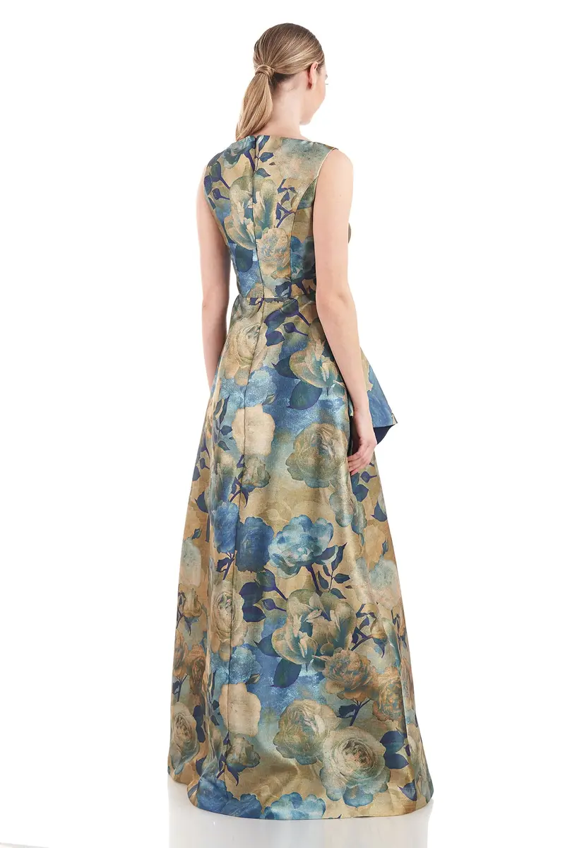 Selene Bateau-Neck Medici Floral Gown with Flared Skirt