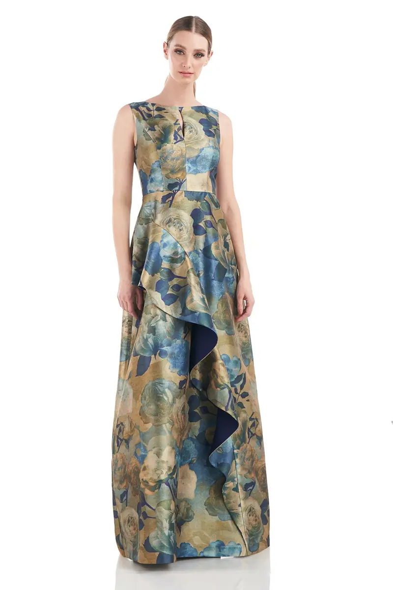 Selene Bateau-Neck Medici Floral Gown with Flared Skirt