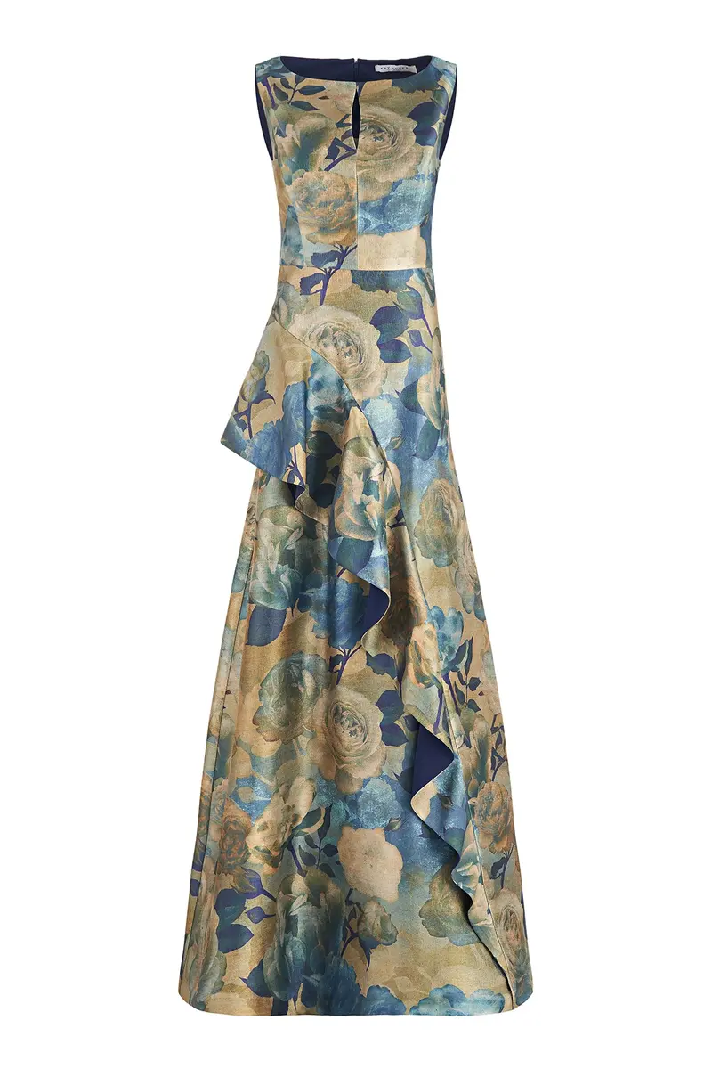 Selene Bateau-Neck Medici Floral Gown with Flared Skirt