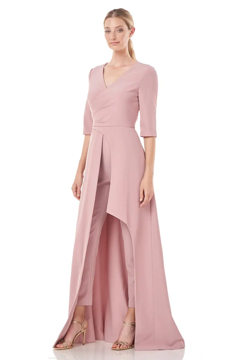 Stretch Crepe V-Neck Flounce Walk-Thru Jumpsuit