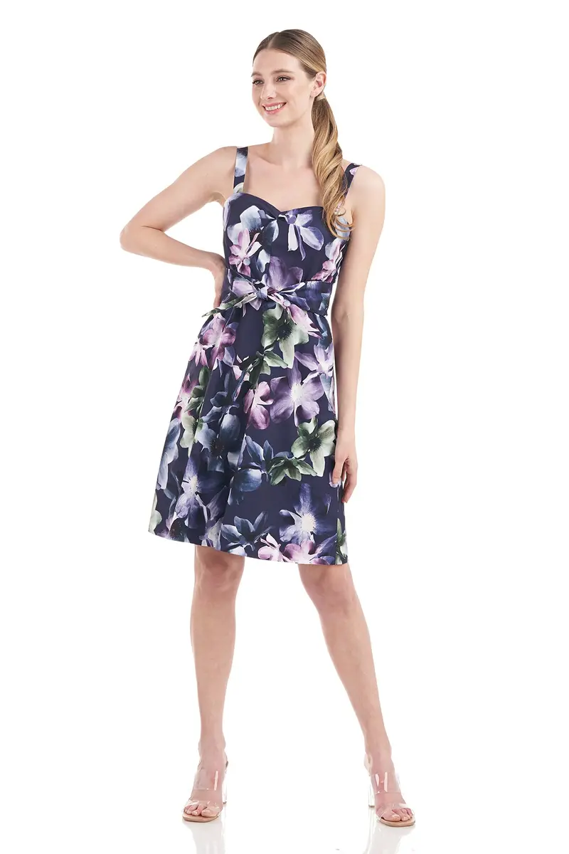 Sweetheart Neckline Stretch Poplin Dress with Wildflower Print