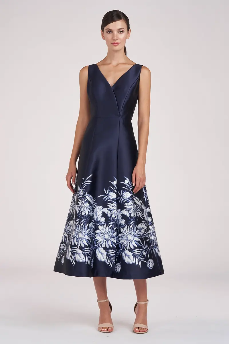 Tropical Border Print Tea-Length Mikado Dress