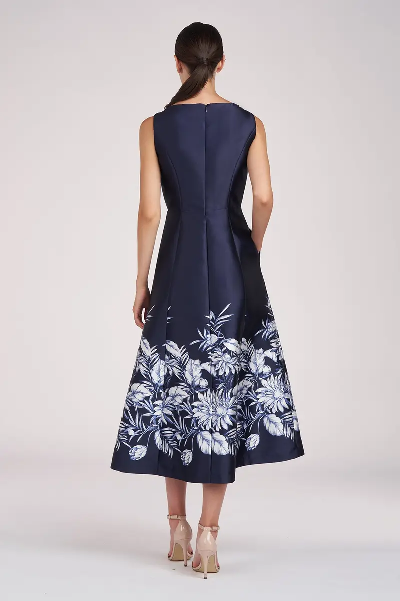 Tropical Border Print Tea-Length Mikado Dress