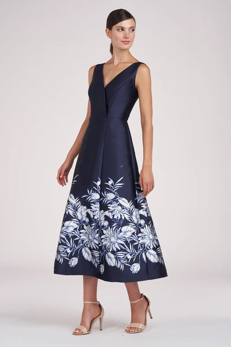 Tropical Border Print Tea-Length Mikado Dress